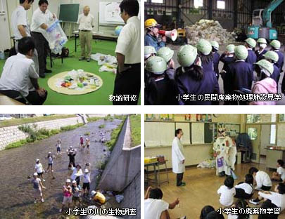 教諭研修/小学生の民間廃棄物処理施設見学/小学生の川の生物調査/小学生の廃棄物学習